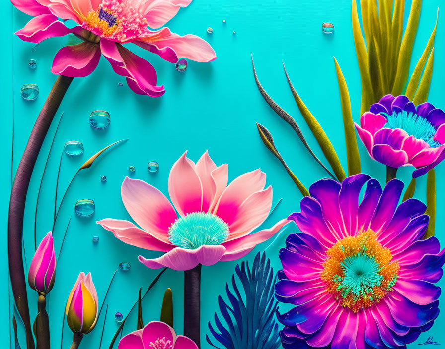 Colorful Flower Digital Art with Water Droplets on Teal Background