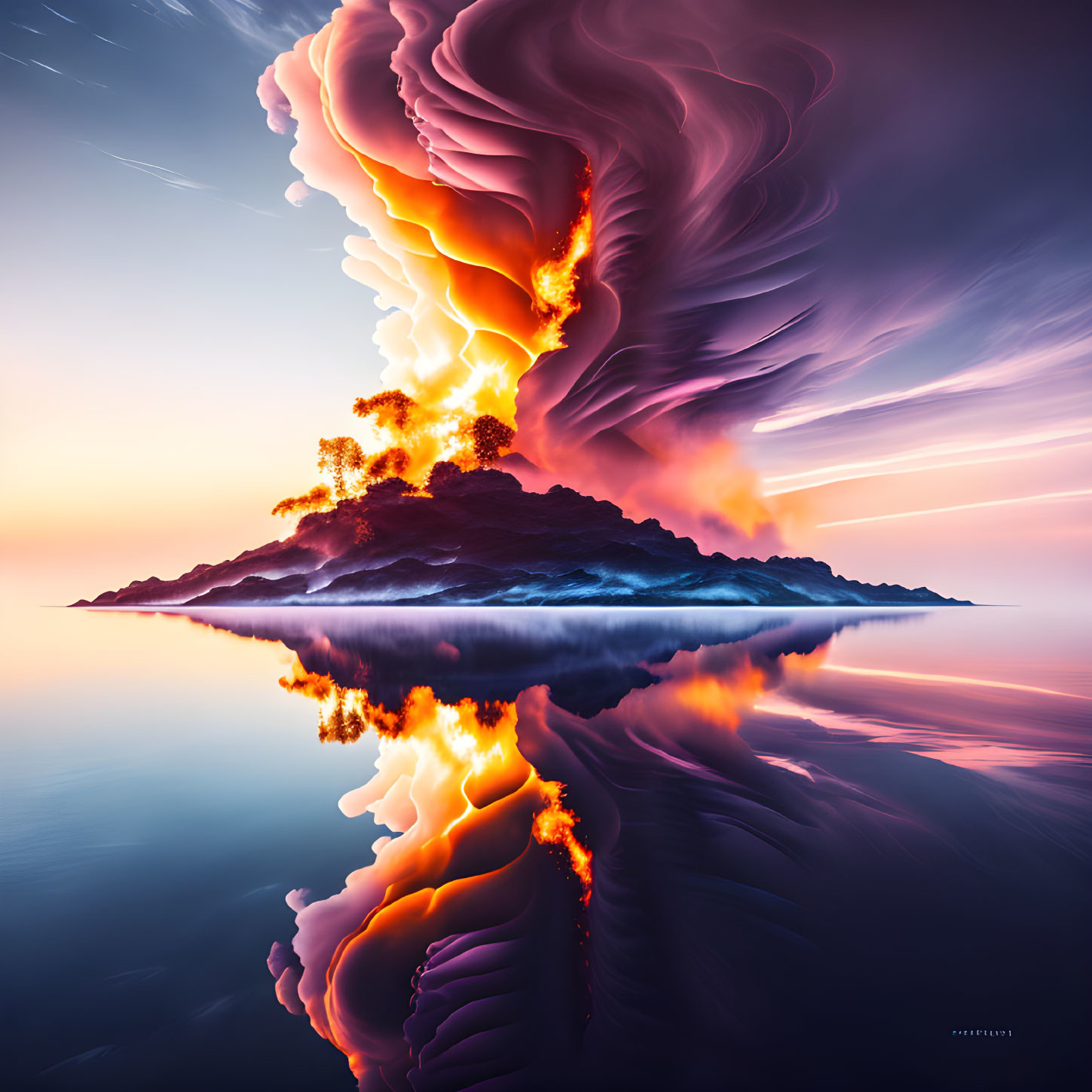 Surreal volcanic eruption with swirling lava plumes against twilight sky