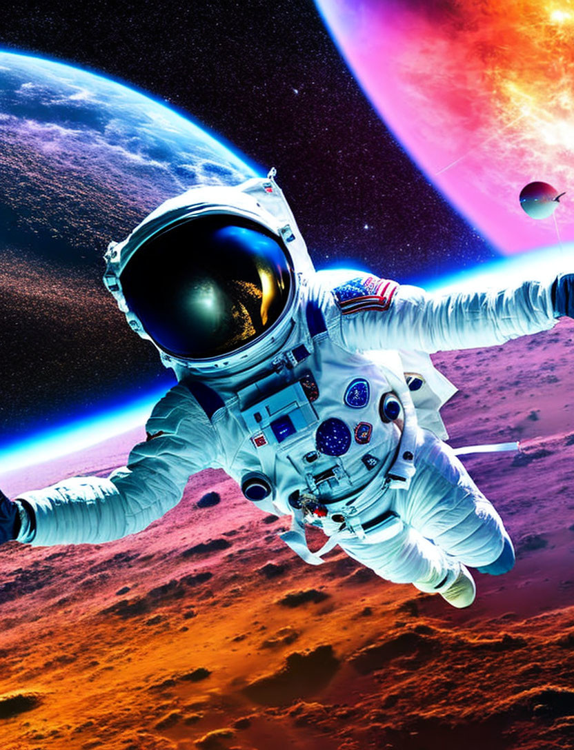 Astronaut in spacesuit floating with Earth, Mars, and nebula in space