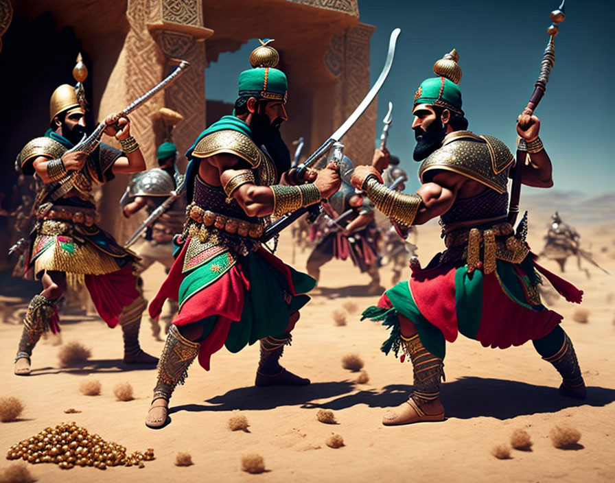 Armored warriors battle with swords and shields in desert scene