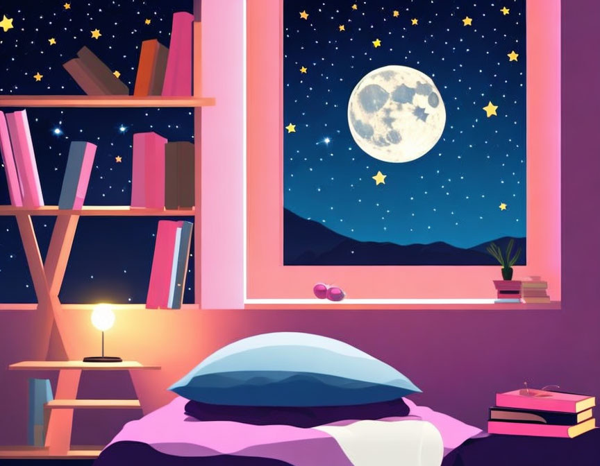 Nighttime bedroom with open window, full moon, stars, mountains, bookshelf, lamp