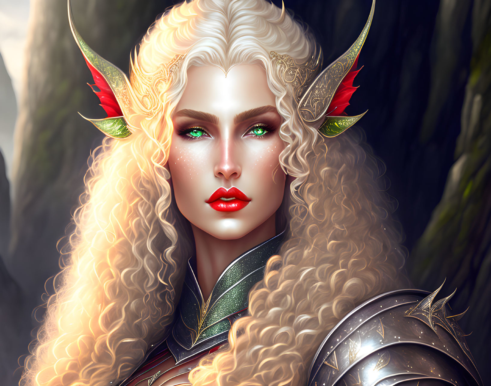 Fantasy Elf with Green Eyes in Red and Gold Armor in Ethereal Forest