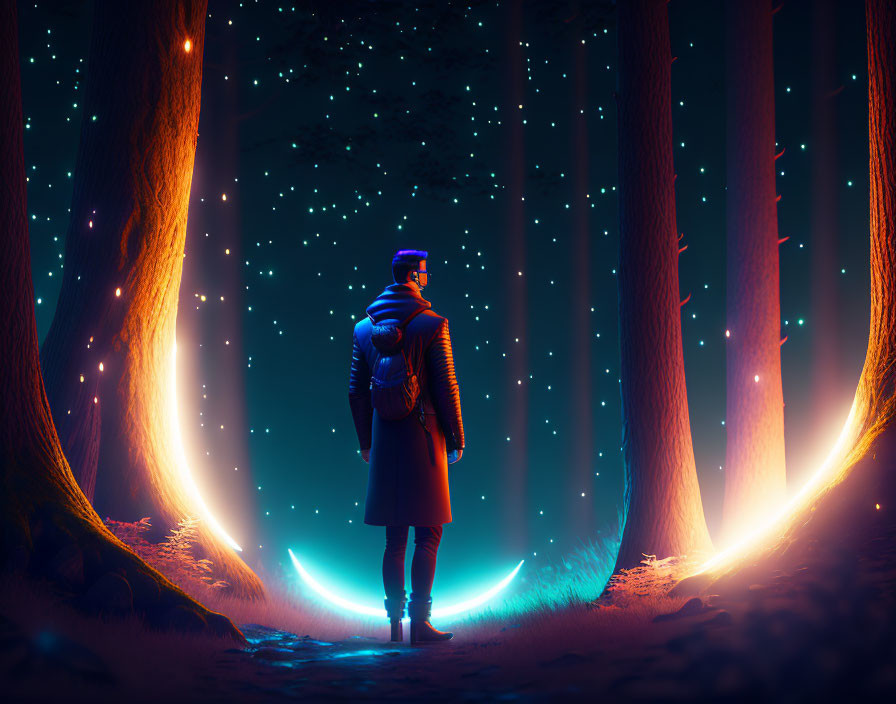 Person in mystical forest with glowing trees and crescent portal