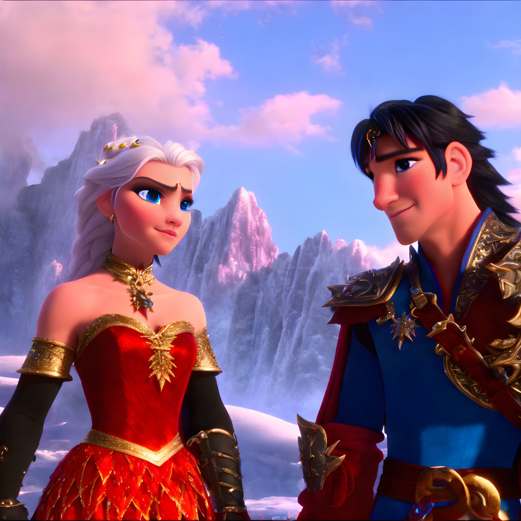 Animated characters: Queen in red dress & man in blue attire, standing against snowy mountains