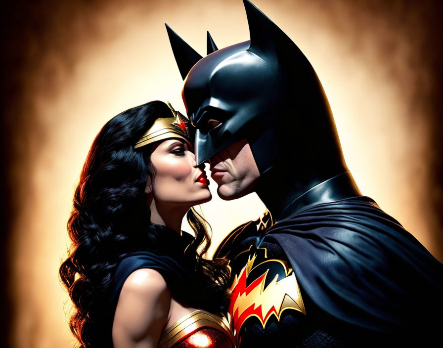 Superheroes in romantic pose against fiery background