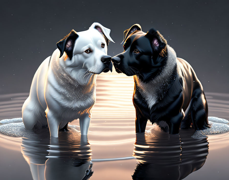 Two digital art dogs on reflective surface with glowing light between noses