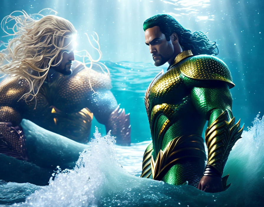 Armored superheroes in ocean waves: blonde and dark-haired with a beard