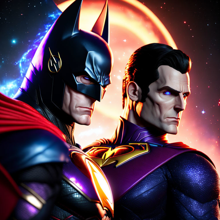 Superhero Illustration: Batman and Superman with determined expressions against vibrant moon backdrop