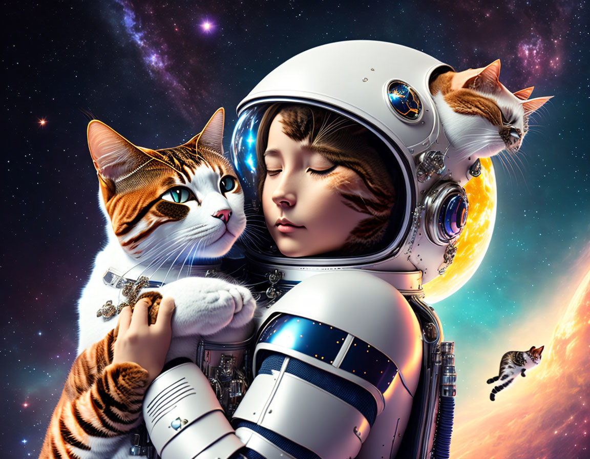Surreal space suit person with giant cats in cosmic scene