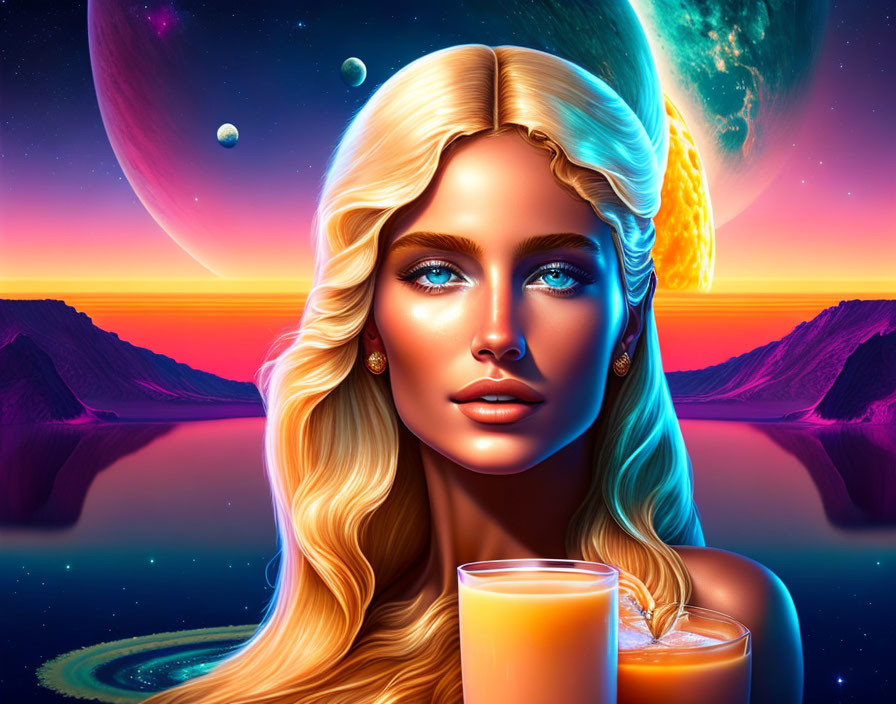 Blonde woman with blue eyes in sci-fi landscape with planets