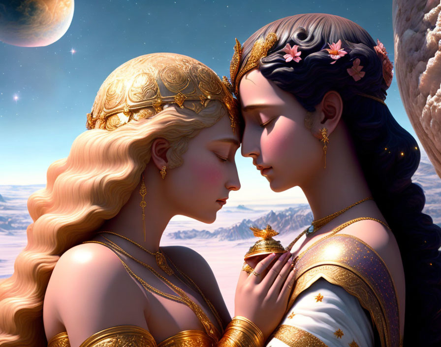 Two women in ornate headdresses and exquisite jewelry face each other against a serene moonlit icy landscape