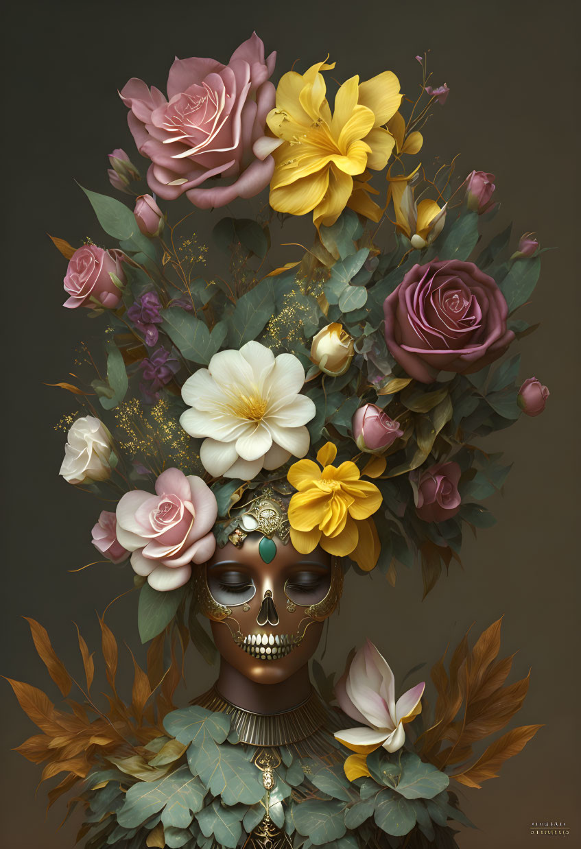 Colorful Flower and Feather Decorated Skull with Gem Ornaments on Muted Background