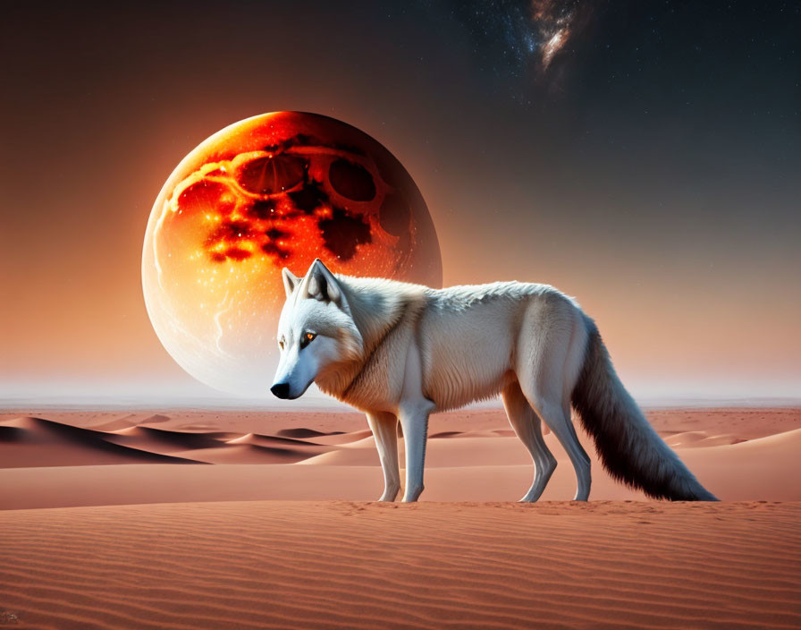 Lone wolf in desert with red planet in sky