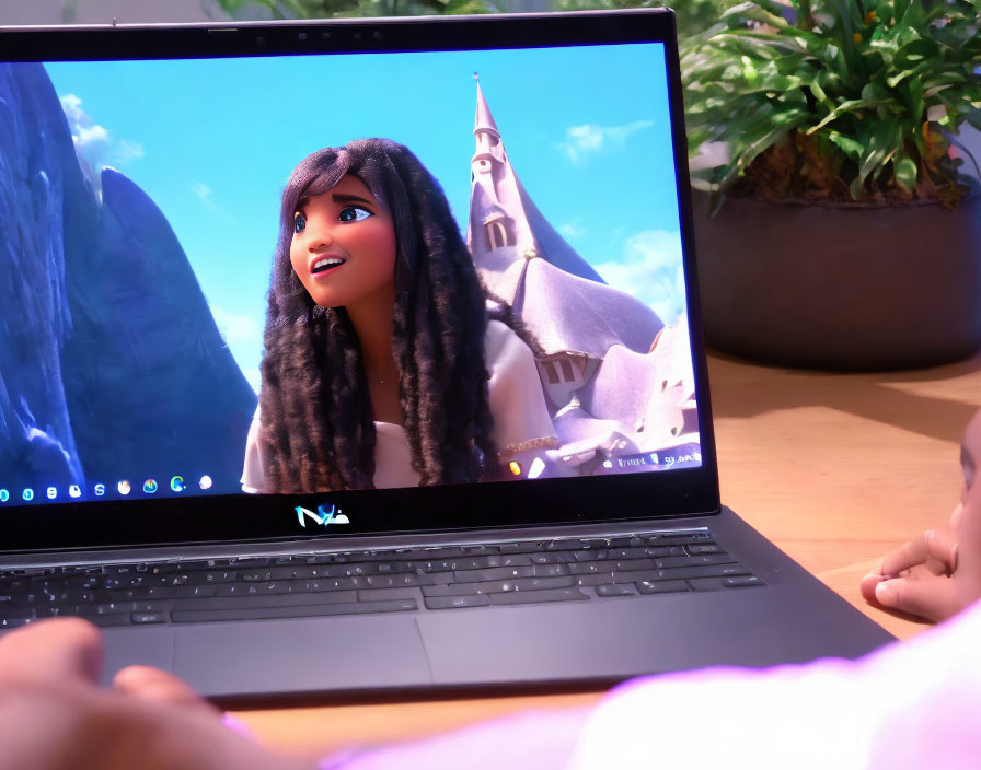 Child interacts with animated character on laptop screen with castle backdrop