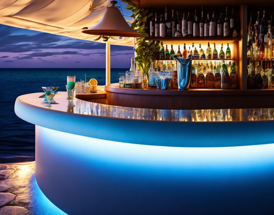 Twilight beachside bar with glowing blue counter and ocean view