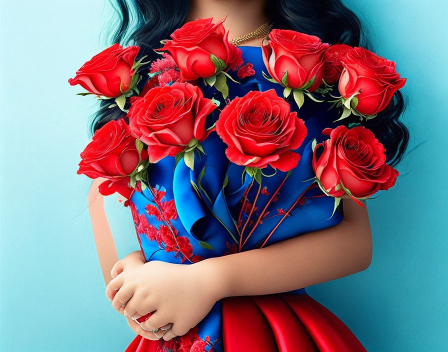 Person holding red roses in blue dress with red floral patterns against blue background