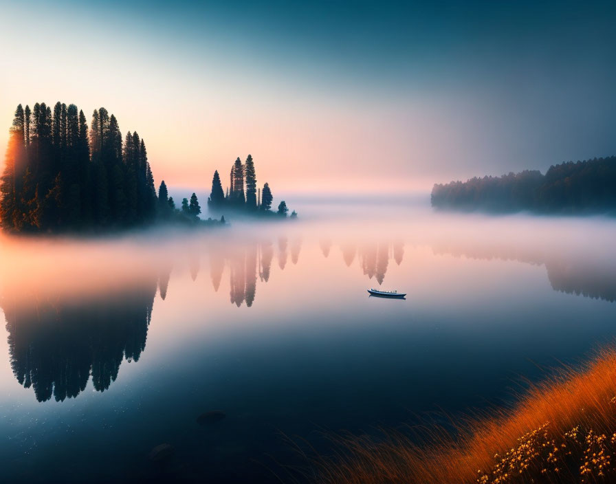 Tranquil dawn scene of misty lake, boat, and trees under warm sky