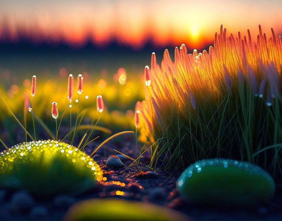 Dewy grass at sunrise with sunlight highlighting water droplets