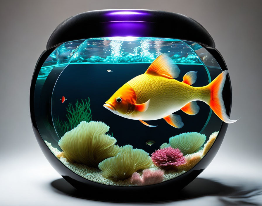 Colorful Goldfish in Round Aquarium with Coral and Foliage