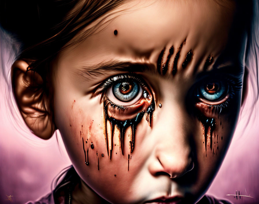 Digital artwork: Young girl with blue eyes and black tear-like streaks on pink background