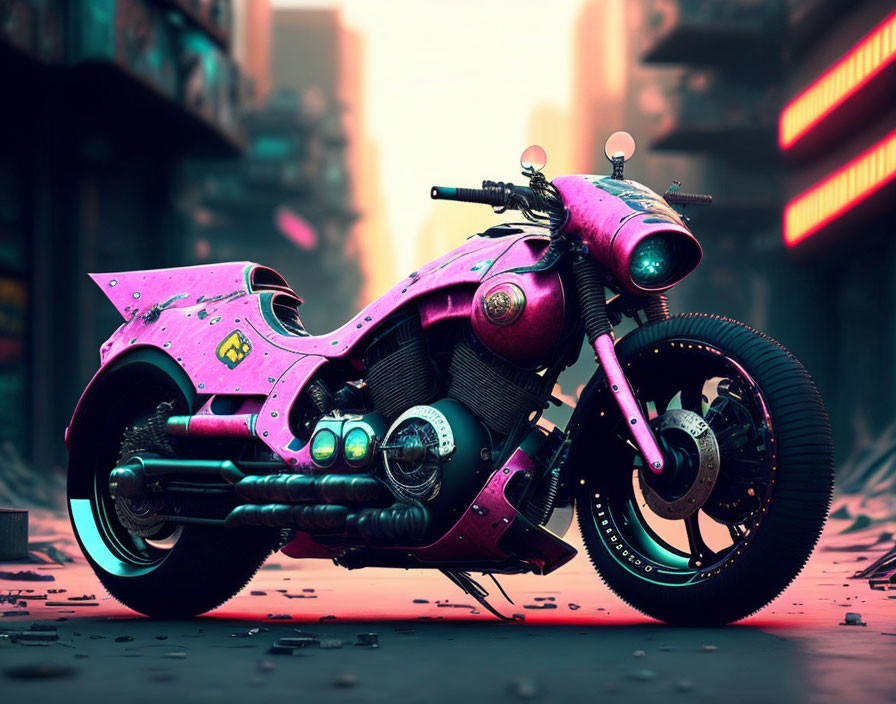 Futuristic pink motorcycle with cosmic paint job on neon-lit urban street