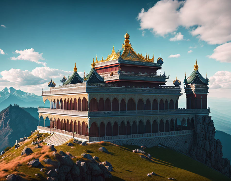 Traditional Temple with Golden Roofs on Cliff Overlooking Mountainous Landscape