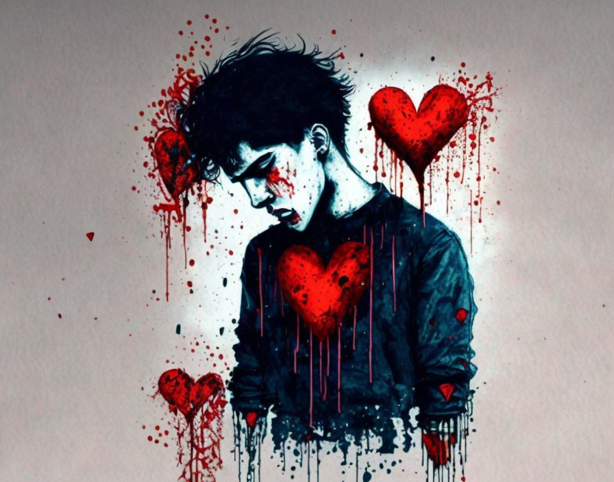 Solemn expression with red hearts and blood-like splatters in dark palette