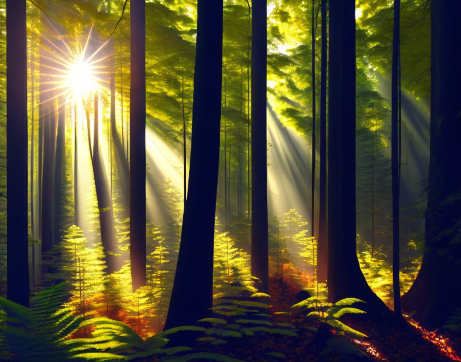 Tranquil forest landscape with sunlight filtering through tall trees