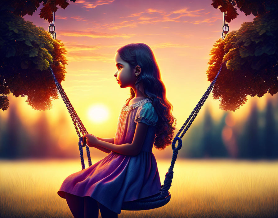 Young girl on swing at sunset with trees and warm light.