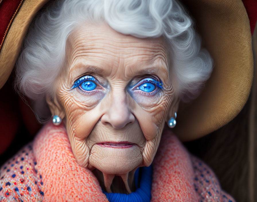 Elderly woman with blue eyes in hat, pearl earrings, and orange scarf