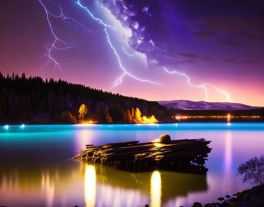 Purple night sky with vivid lightning over serene lake