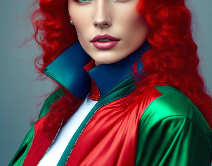 Red-haired woman in red and blue jacket with matching lips