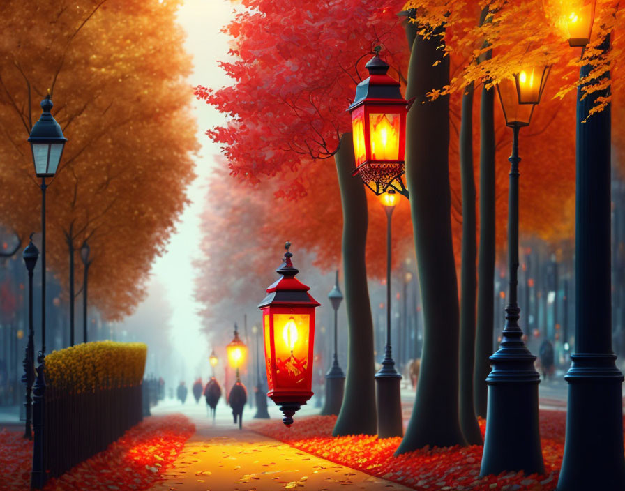 Tranquil autumn pathway with glowing lamps and fallen leaves