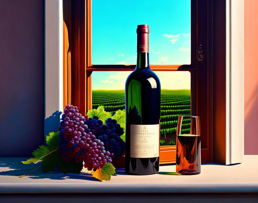 Red wine bottle, half-full glass, grapes on windowsill overlooking vineyard