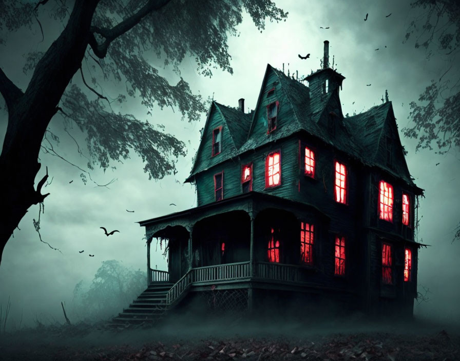 Spooky old house with red-lit windows in misty forest landscape