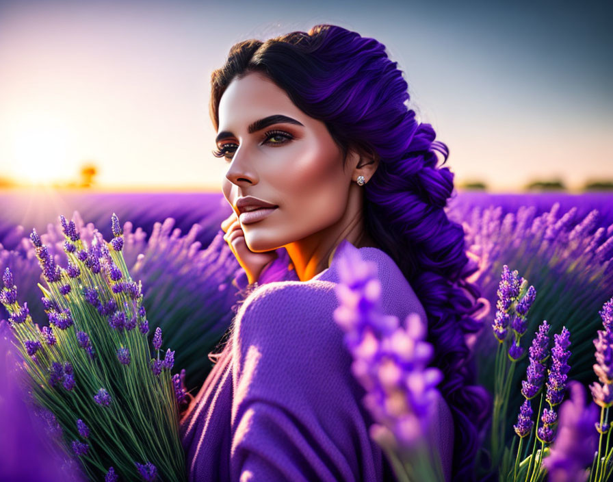 Purple-haired woman in lavender field at sunset in purple sweater gazes into the distance