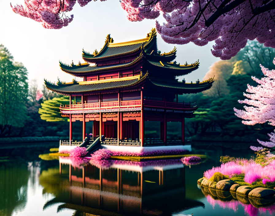 Traditional Asian Pavilion by Calm Lake with Cherry Blossoms