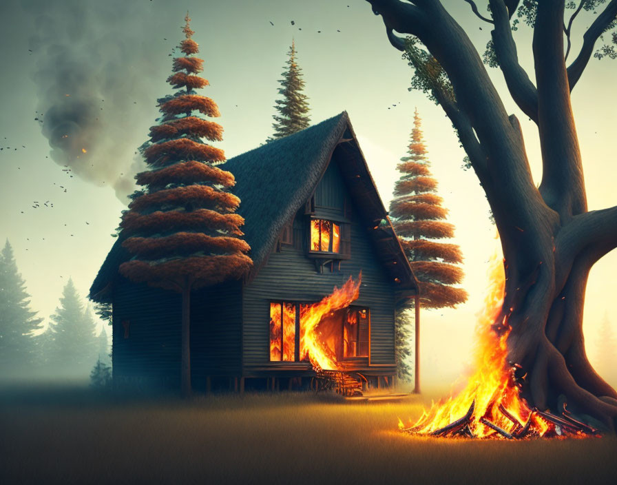 Wooden House Engulfed in Fire in Misty Forest at Twilight