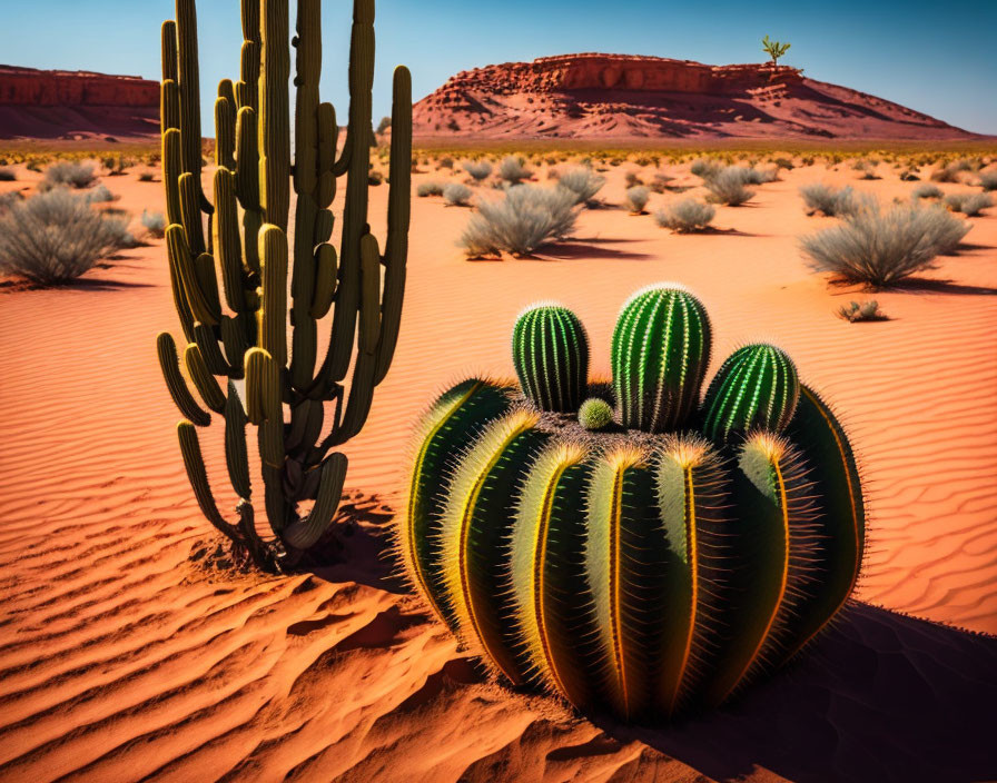 Desert landscape with tall and rounded cacti under blue sky