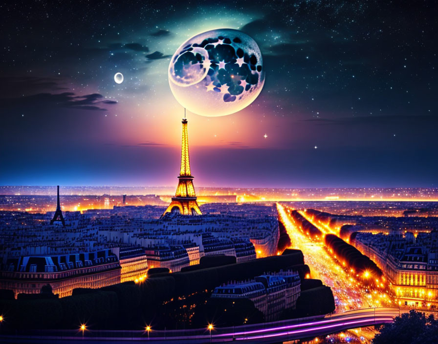 Paris skyline at night with oversized moon, stars, and vibrant cityscape.