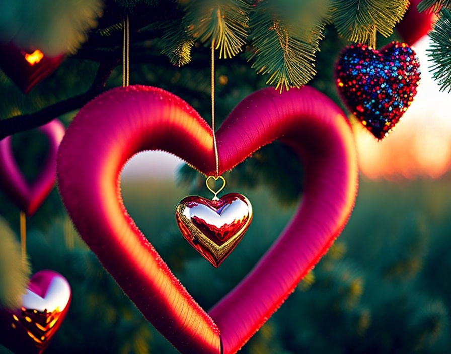 Pink Heart-shaped Ornament with Reflective Heart on Pine Branch