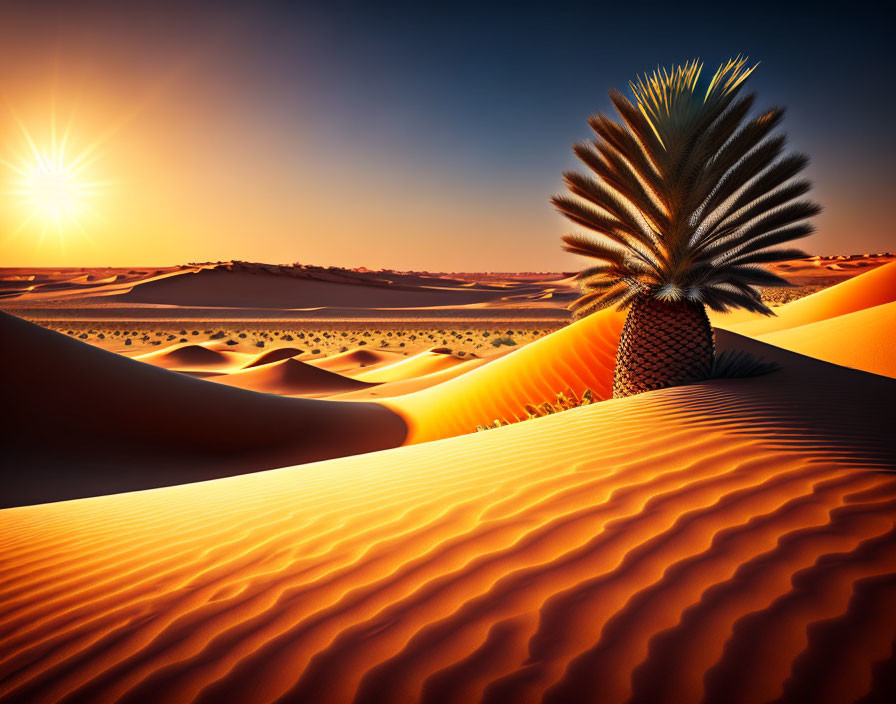 Scenic desert sunset with palm tree and sand dunes