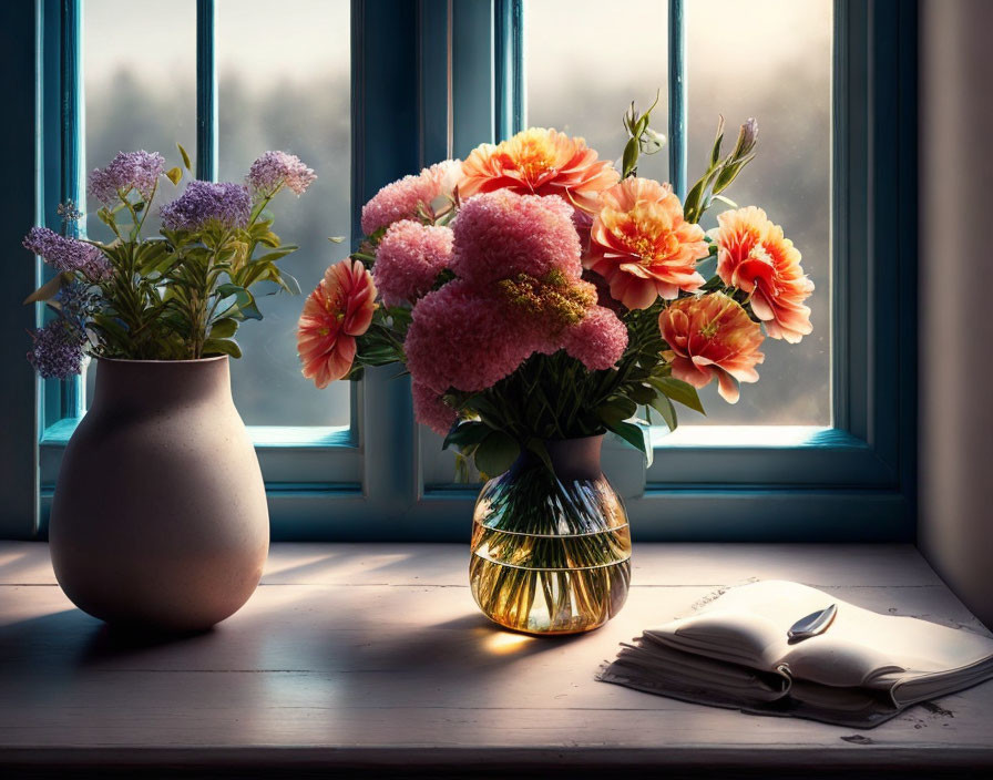 Pink and orange flowers in vases on windowsill with sunlight and open book