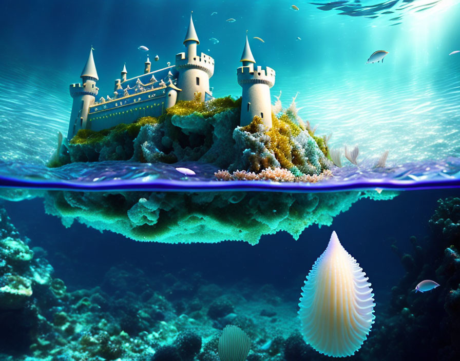 Whimsical underwater scene with coral reef castle