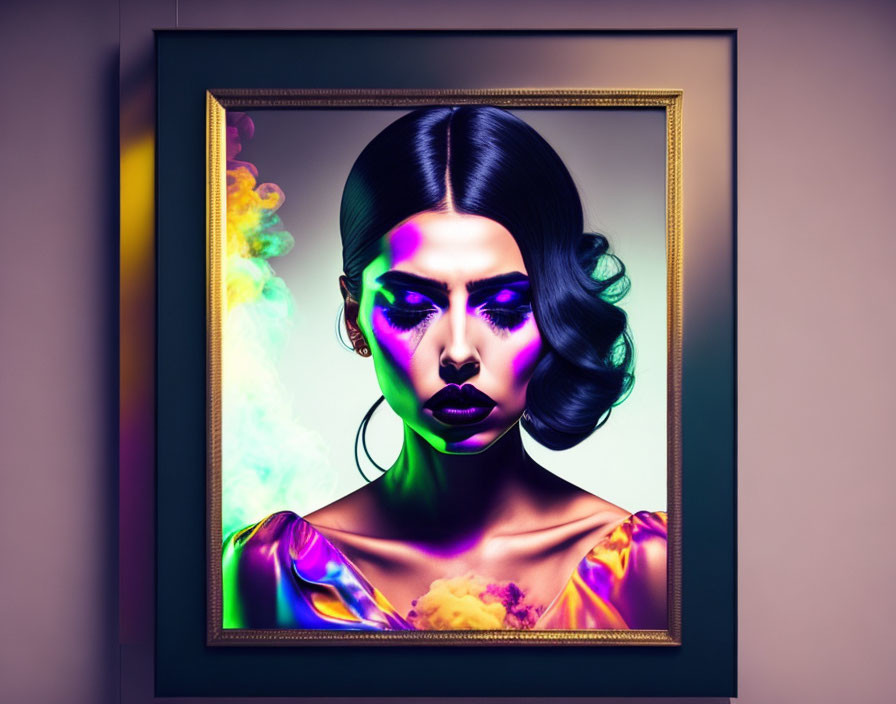 Vibrant portrait of a woman with purple skin and colorful smoke in golden frame