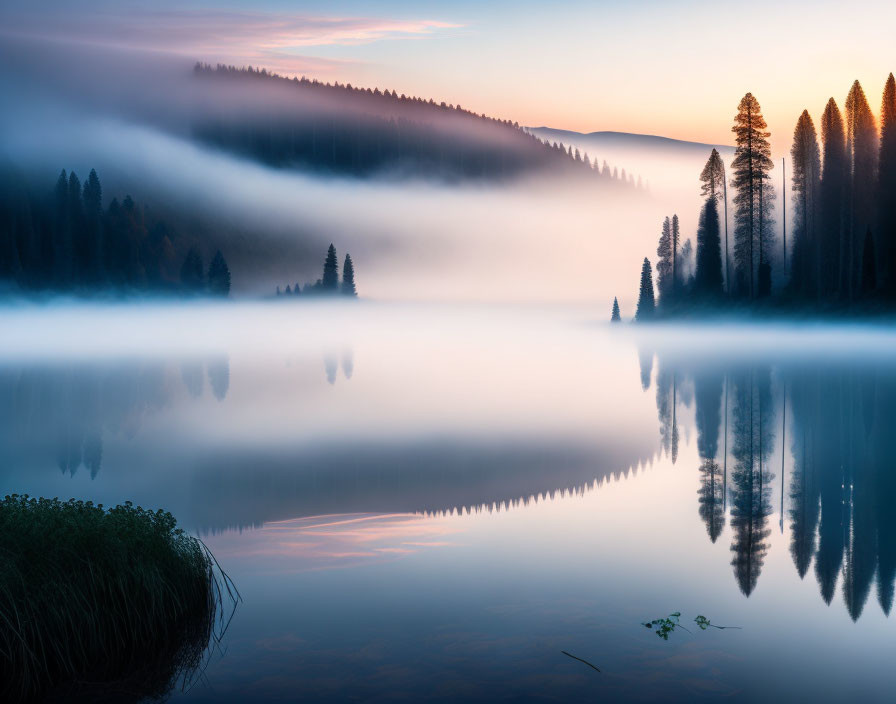 Tranquil sunrise scene: misty lake reflects forest landscape