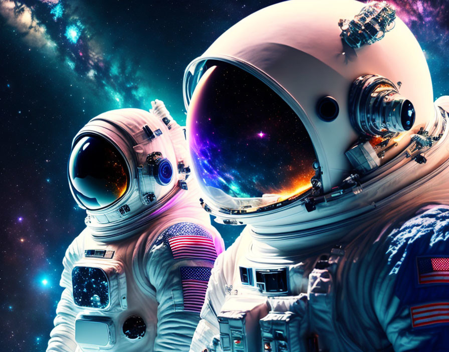 Astronauts in space suits with cosmic nebulas and stars reflection