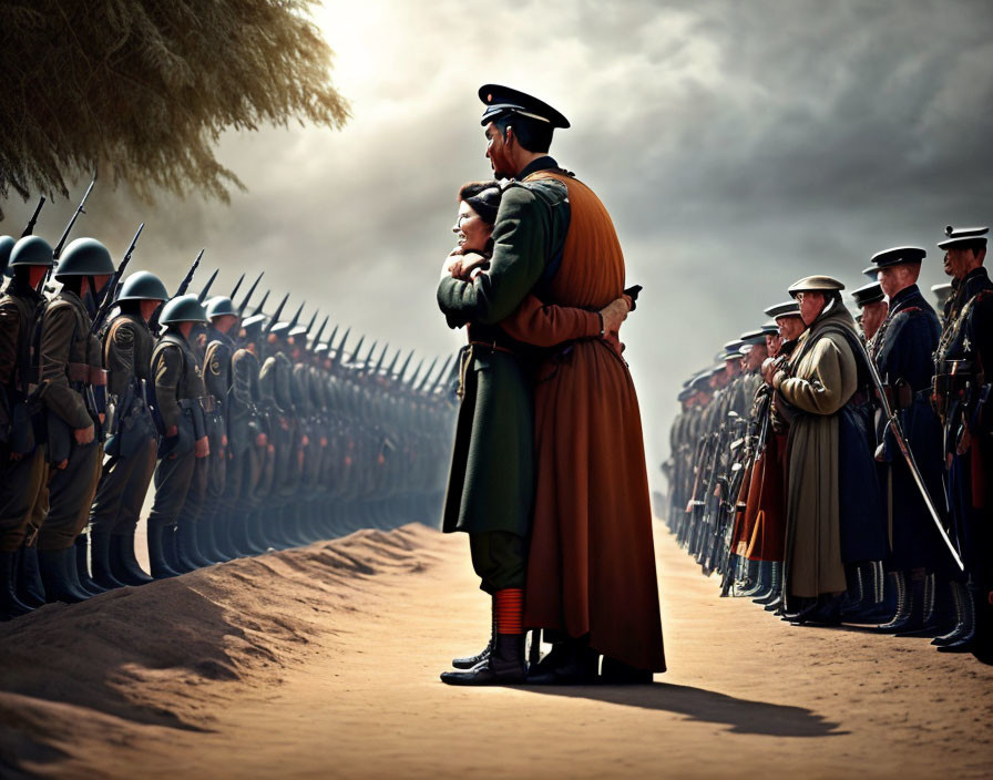 Military soldier embracing civilian among armed troops under cloudy sky