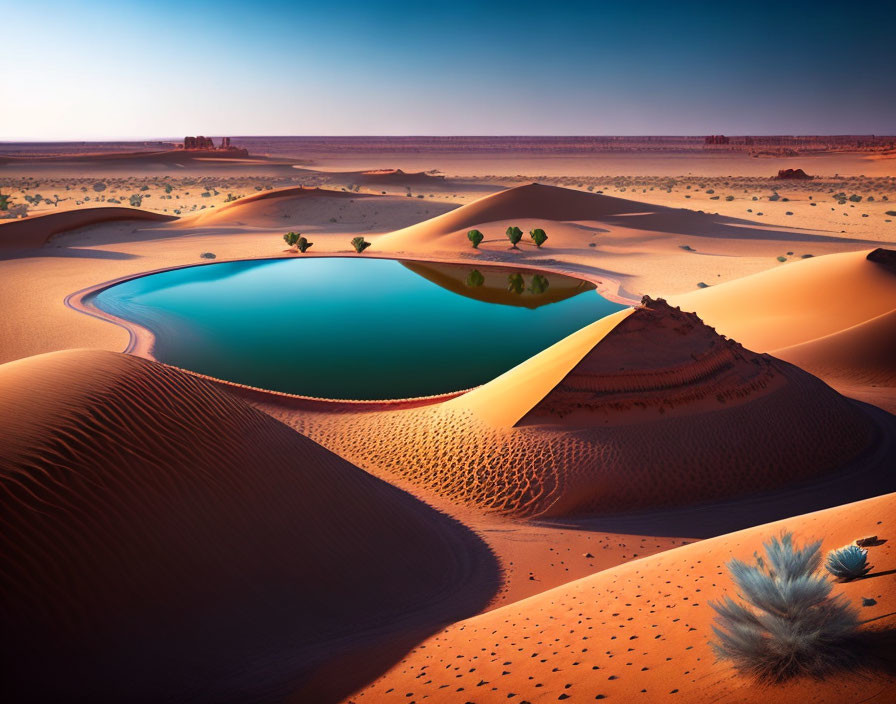 Tranquil oasis with desert dunes, water, trees & blue sky