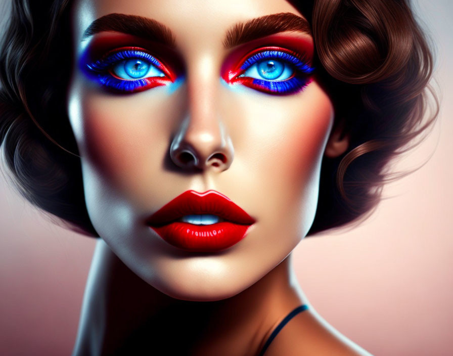 Woman with Vibrant Blue Eyeshadow and Red Lips